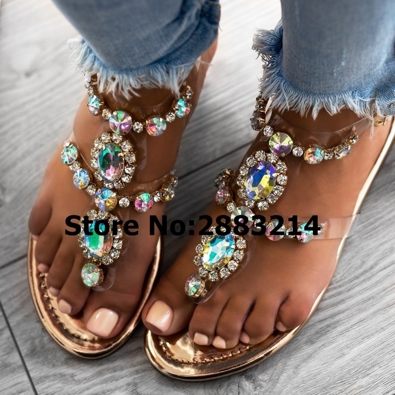 est Summer Gladiator Diamond Jeweled Embellished Flats Sandals PVC buckle Strap Tstrap Sandals Beach Flipflops Shoes Y200405, Picture 29