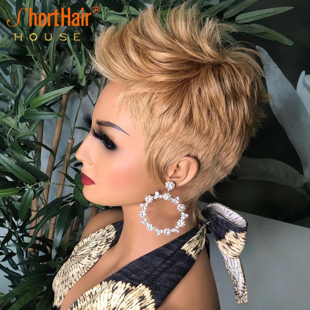 Short Bob Pixie Cut Human hair Wig Brazilian None Lace Front Wigs For Black Women Full Machine Made 150 density