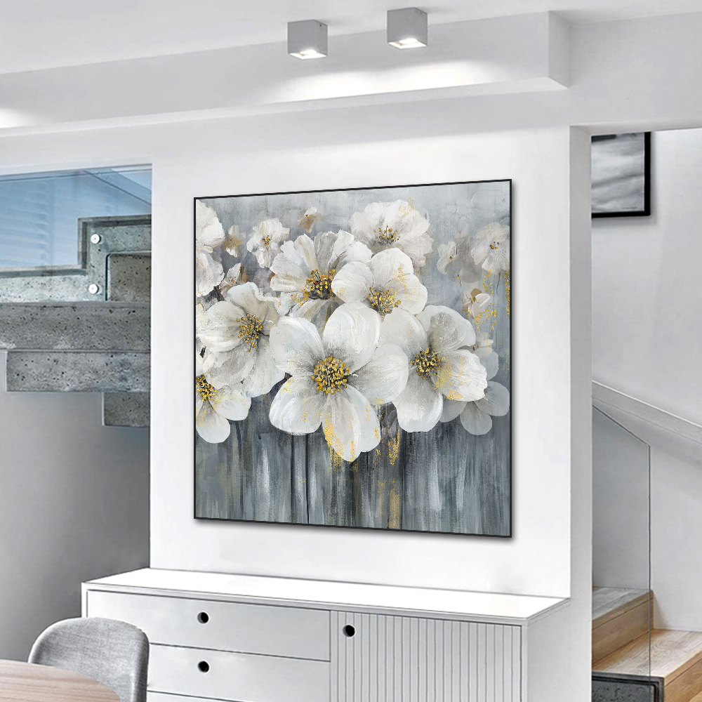 Abstract White Flower Oil Painting on Canvas Posters and Prints Wall Art Picture Gold Canvas Art Picture for Livingroom Decor