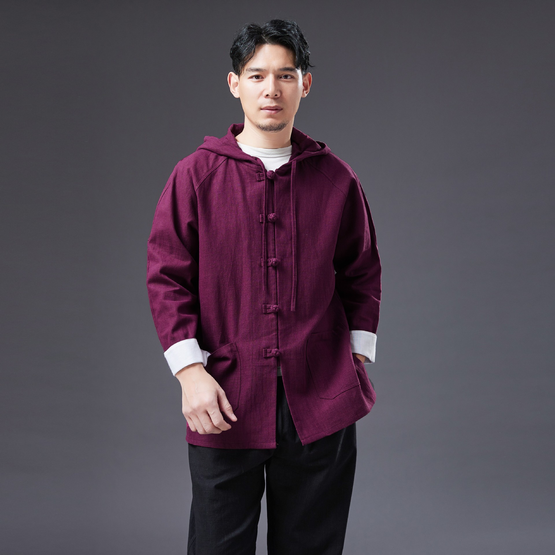 Improved ethnic clothing Hooded men's Tang Suit top Oriental costume Chinese traditional Hanfu male button outfit linen apparel