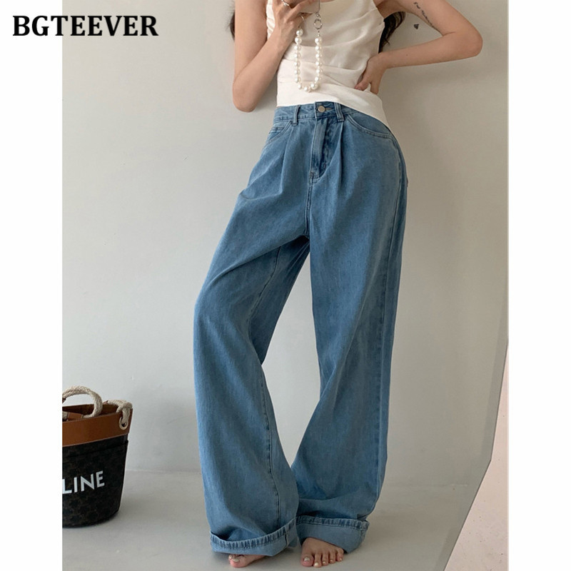 BGTEEVER Casual Loose Wide Leg Jeans Trousers for Women Summer Ladies Straight Pantalon High Waist Button Female Denim Pants 220815