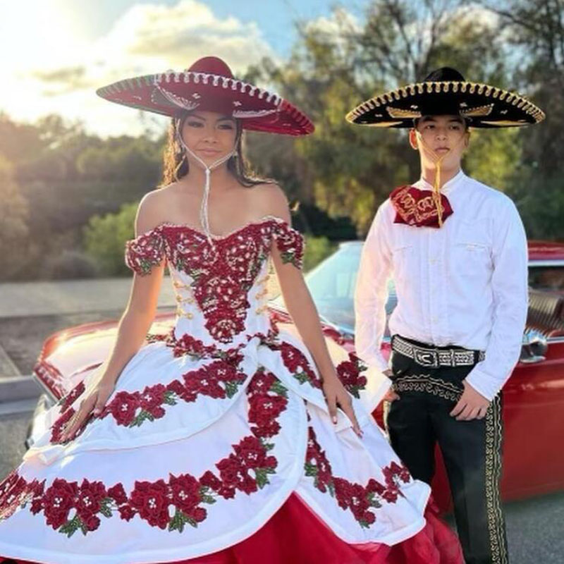 Elegant Red And White Quinceanera Dresses 2022 Charro Mexican Off The Shoulder Beaded Crystal Ruffles Sweet 15 Dress Corset Luxury Vestido De 15 Anos 
