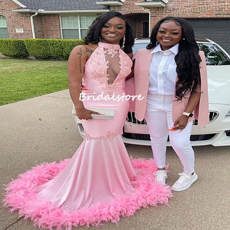Luxury Nigerian Pink Mermaid Evening Dress Elegant Satin Prom Dresses With Feather For Black Girls Sleeveless Formal Party Wear Special Occasion Gradu