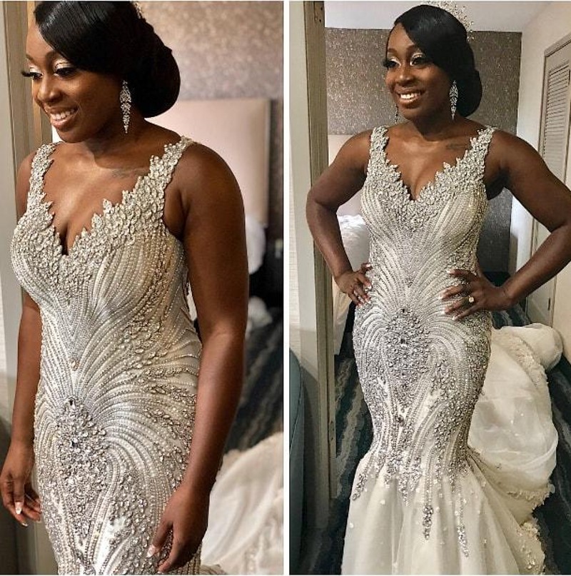 Mermaid Crystals Arabic Dubai Plus Size Wedding Dress V Neck Floral Beaded sparkly cathedral train Tulle Bridal Gown Robe De Marie