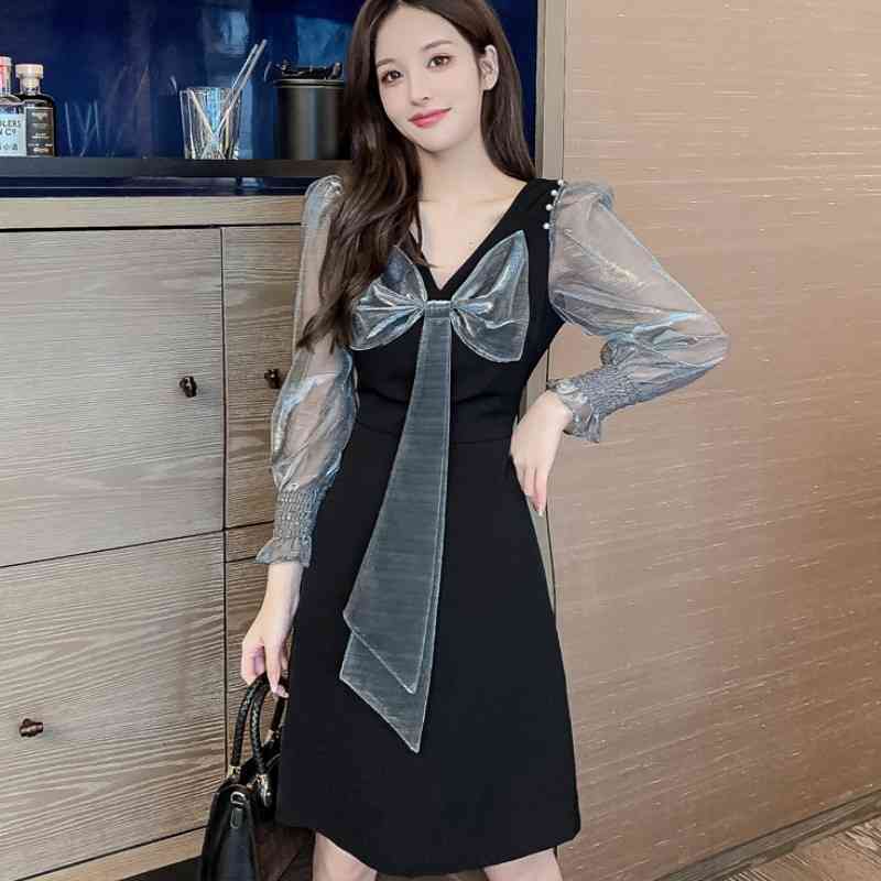 

Spring Women Hit Color VNeck Bowknot Patchwork Beading Long Sleeve Dress es Elegant Slim Waist ALine Mini Vestidos 210526, Photo color