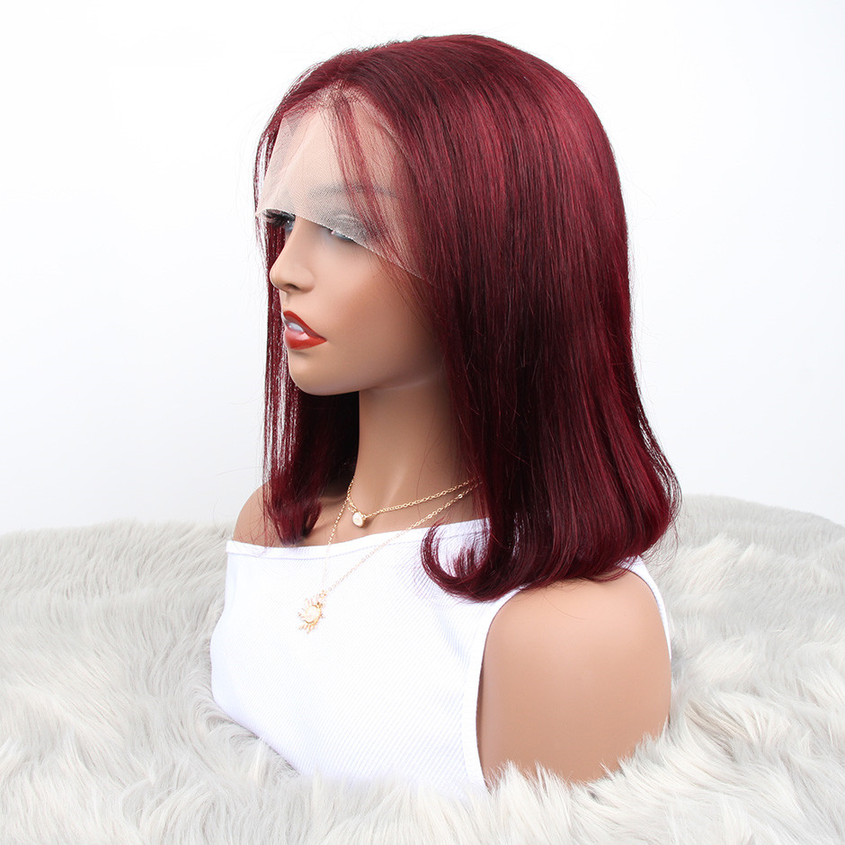 13X4 99j Malaysian Straight Lace Front Wig 150% Density Short Bob Lace Closure Human Hair Wigs Burgendy