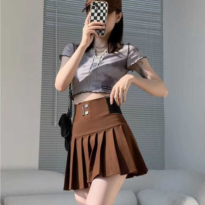 Y2K Harajuku Button Letter Printed Pleated Skirt Elastic High Waist ALine Mini Skirt Korean Fashion School Kawaii Women Skirt 220701