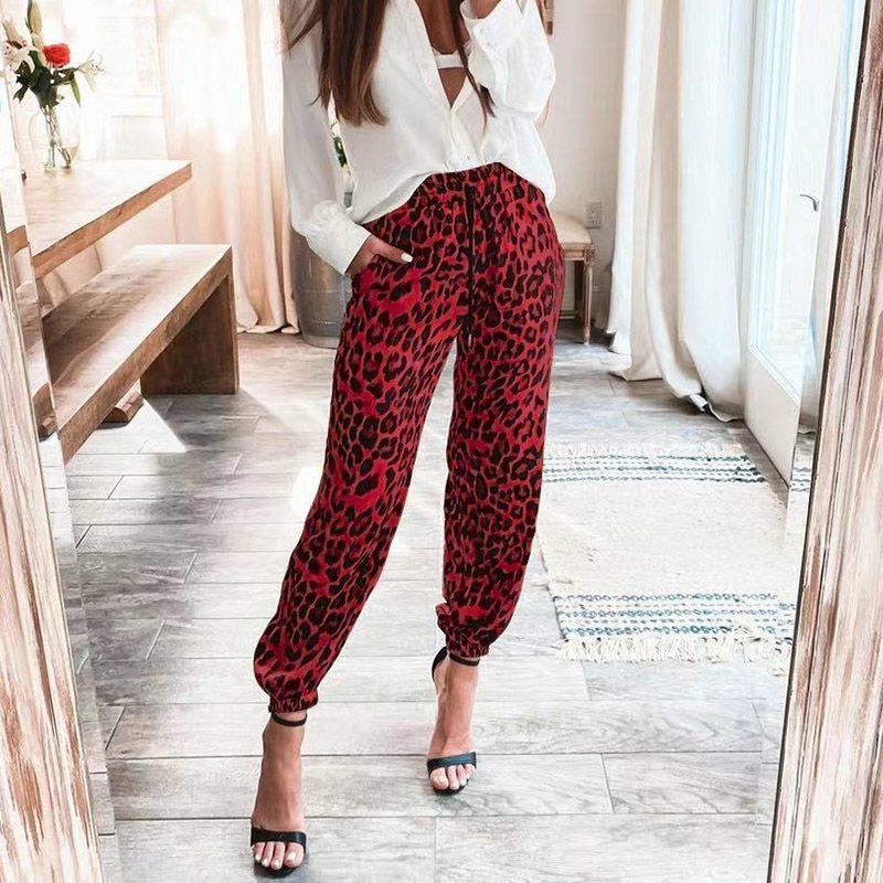 Fashion Spring Leopard Printed Street Long Pants Summer Solid Satin Trouser Retro Elastic Mid-Waist Slim Sweatpants 220325