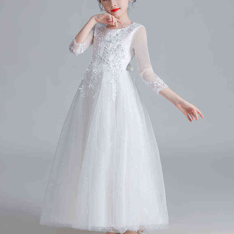 Girls Party Dress Wedding Frock Flower Gown Princess Evening Summer Kids Mesh Sleeve Dress Y220510