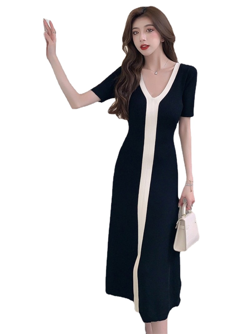 Elegant Loose Knitted Vintage V-neck Black and White Contrast Color Slit Pull Femme Summer Sweater Dress