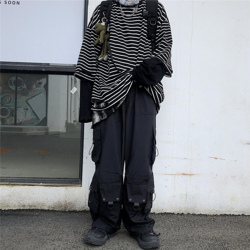 QWEEK Gothic Streetwear Black Cargo Pant Hip Hop Punk Oversize Wide Leg Trousers Female Techwear Korean Style Joggers 220325