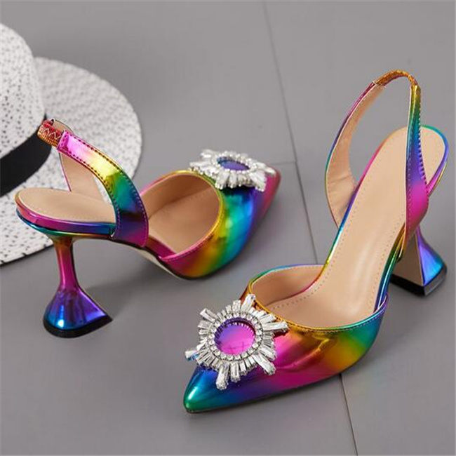 Top Quality Womens Sandals Design Crystal Diamond Sun-Flower Women Pointed Toe Pumps Fashion Rainbow Multicolor Strange Cup High Heels