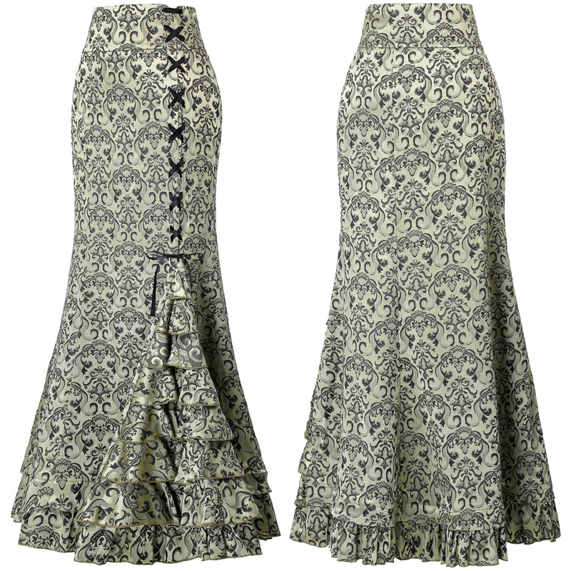 Women Steampunk Trumpet Mermaid Skirts Layered Long Gothic Floral Brocade Jacquard Criss-cross Lacing Fishtail Maxi Skirt Multicolors