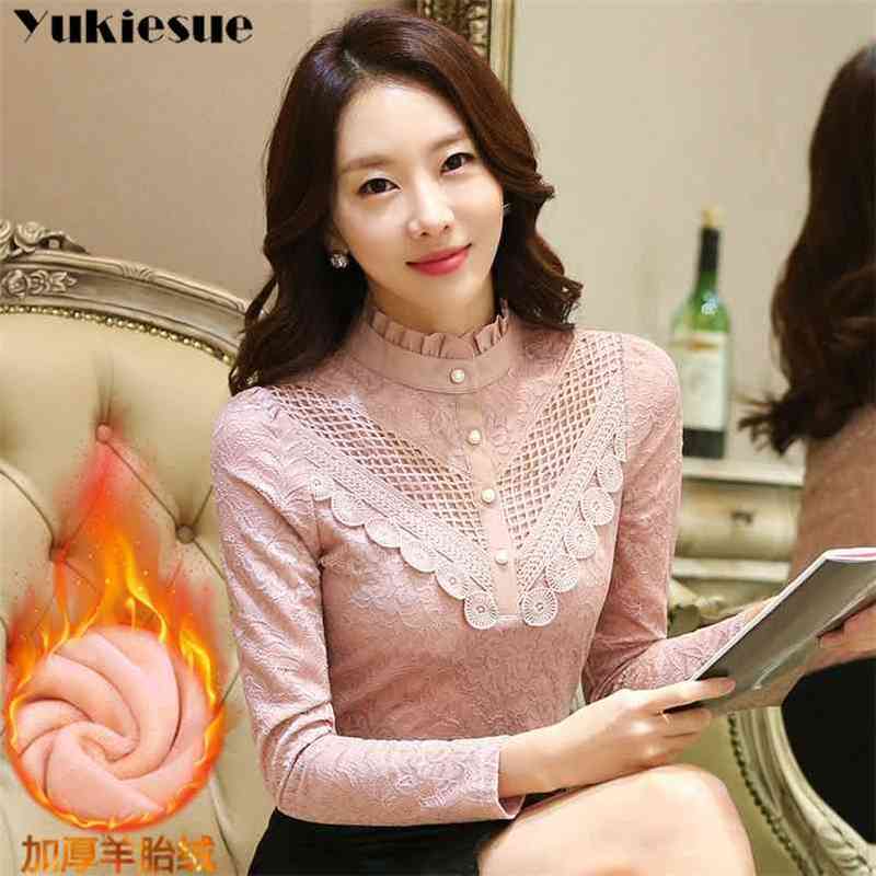 Casual winter Autumn High Collar ruffless Lace Blouses Women Ladies Tops Lace Women Blouses Long Sleeve Shirt plus size 3XL 210401