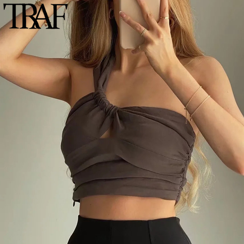 TRAF Women Sexy Fashion Pleated Asymmetry Linen Crop Tank Tops Vintage One Shoulder Side Zipper Female Camis Mujer 220325