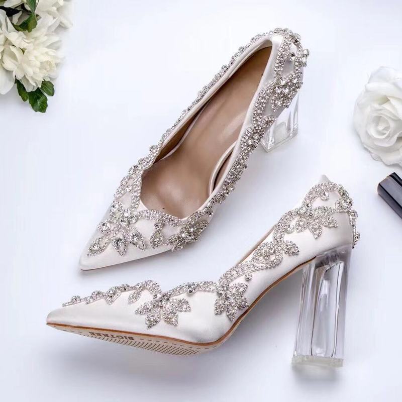 Wedding Shoes Bride Clear Heels Crystal Pumps Christmas Day Evening Party Luxury Queen Satin Silk 10cm Square Heel Plus Size 10 220328