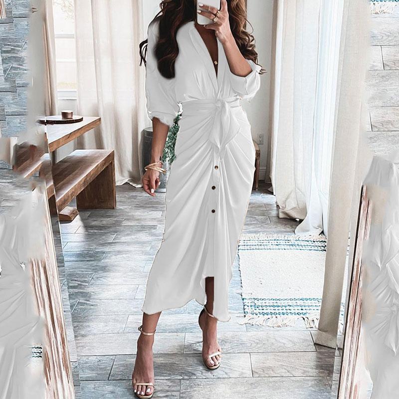 Casual Dresses 2022 Summer Women Fashion Long Sleeve V Neck Drawstring Maxi Dress Leaf Pattern Print Tied Detail Ruched Shirt