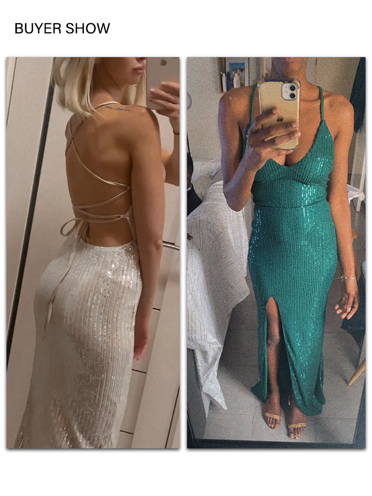 Sexy V Neck Lace Up Sequined Cocktail Party Dress Backless Split Leg Sleeveless Summer Long Dresses Evening Wedding Gown 220510