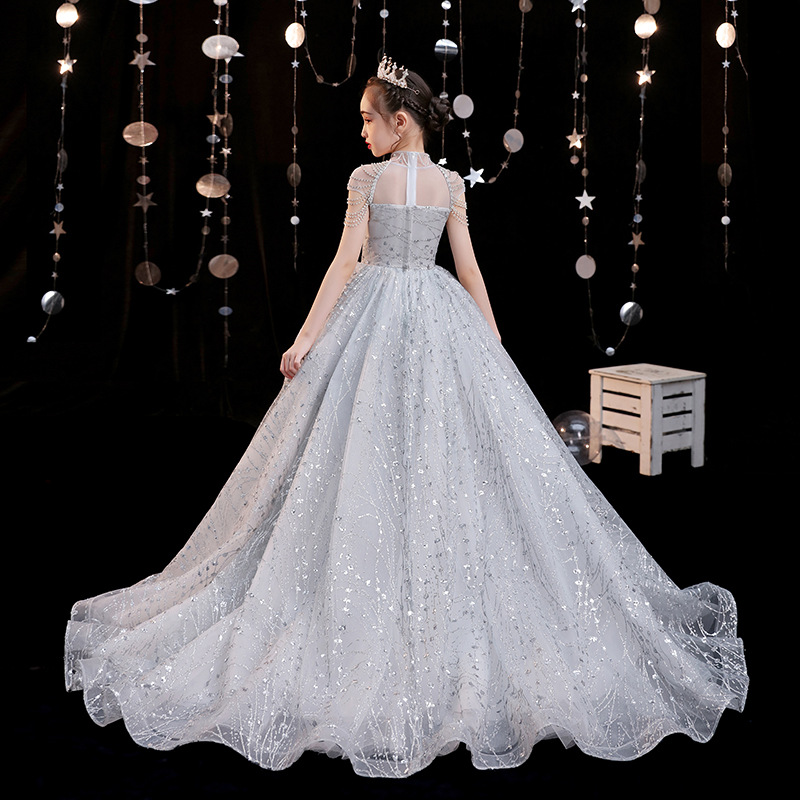 Princess Sliver Flower Dresses Lace 3D Floral Appliques Sequined Ball Gown Little Girl Birthday Party Gowns Sweep Train Kids Formal Wear 403