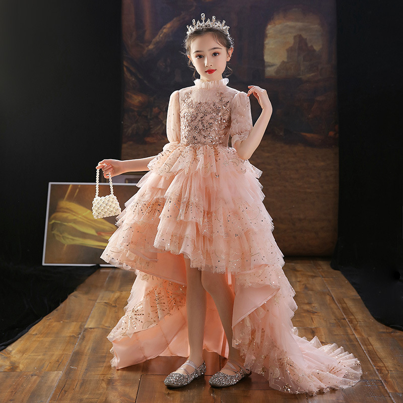 2023 Luxury Silver Bling Sequin Girls Pageant Dresses Fluffy long sleeve Ruched Flower Girl Dresses Ball Gowns Party Dresses for Girls