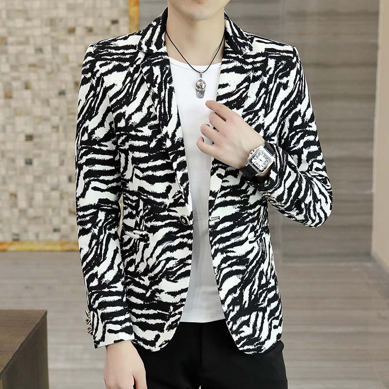 Men Personality Suit Jacket Hair Stylist Printed Small Suit Casual Jacket Korean Handsome Night Show Zebra Print Men's Blazer 220520