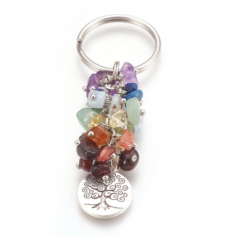 7 Chakra Chips Cristal Natural Cluster Healing Llavero Bolsa Yoga Colgante Llavero Mujer Árbol La Vida