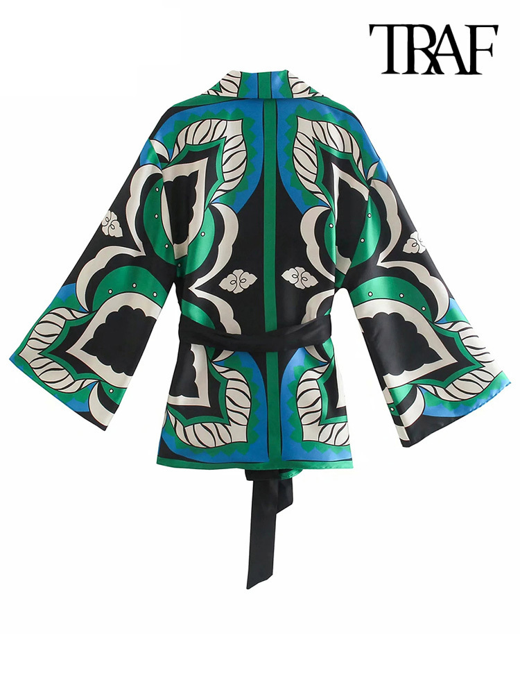 TRAF Women Fashion With Belt Printed Wrap Kimono Blouses Vintage Three Quarter Sleeve Female Shirts Chic Tops 220407