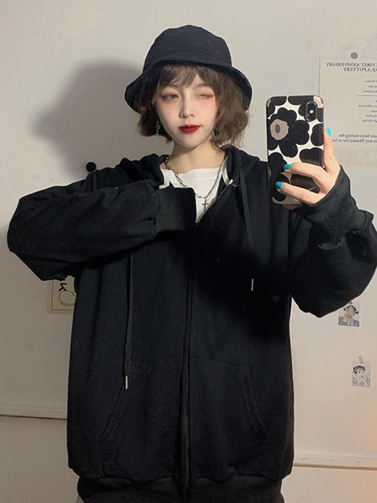 Jielur Brick Red Black Gray Hoodies Female Zip-up Tracksuit Autumn Harajuku Cool Street Fashion Women's Sweatshirt M-XXL 220817