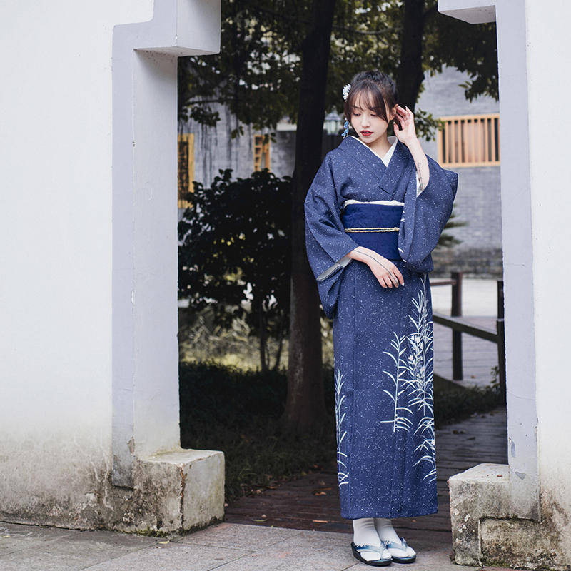 Women ethnic Clothing Traditional Japanese outfit blue kimono elegant V-Neck dress vintage Yukata National Trends Asian costume