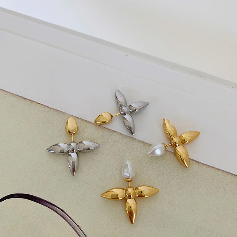 Stud Pearl Leaf Earrings For Women Gold Flower Clover Luxury Designer Jewelry Elegant Delicate Dropship Stud