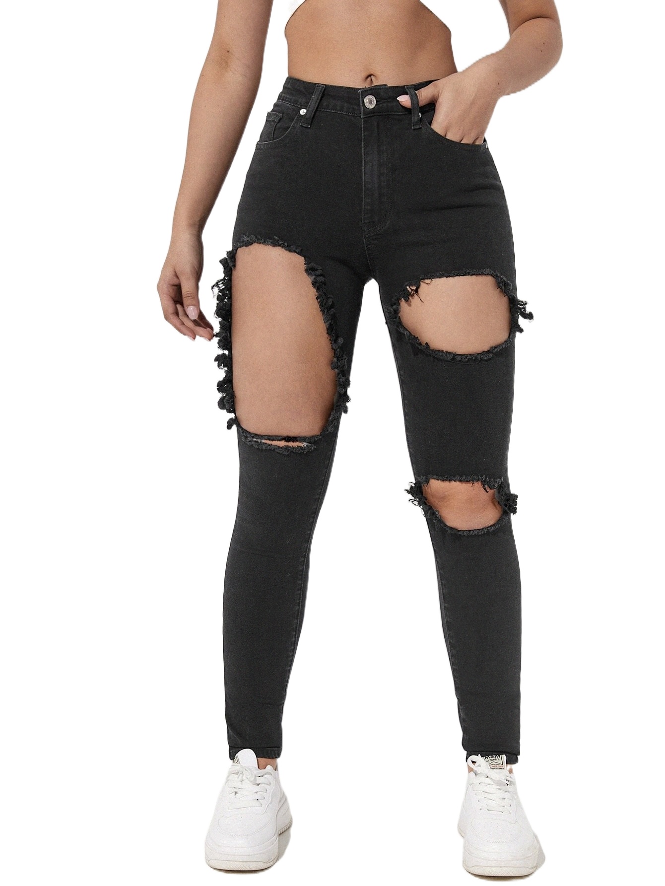 cutout Raw Edge Zipper Fly Skinny Jeans g5TQ#, Black