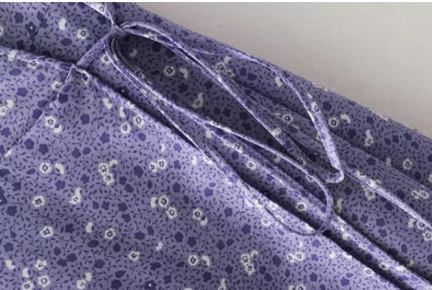 French Cross V neck Floral Print Wrap Dress Woman Lacing up Waist Slit Mid Long Slim Fit Summer Dresses 2 colors 220511