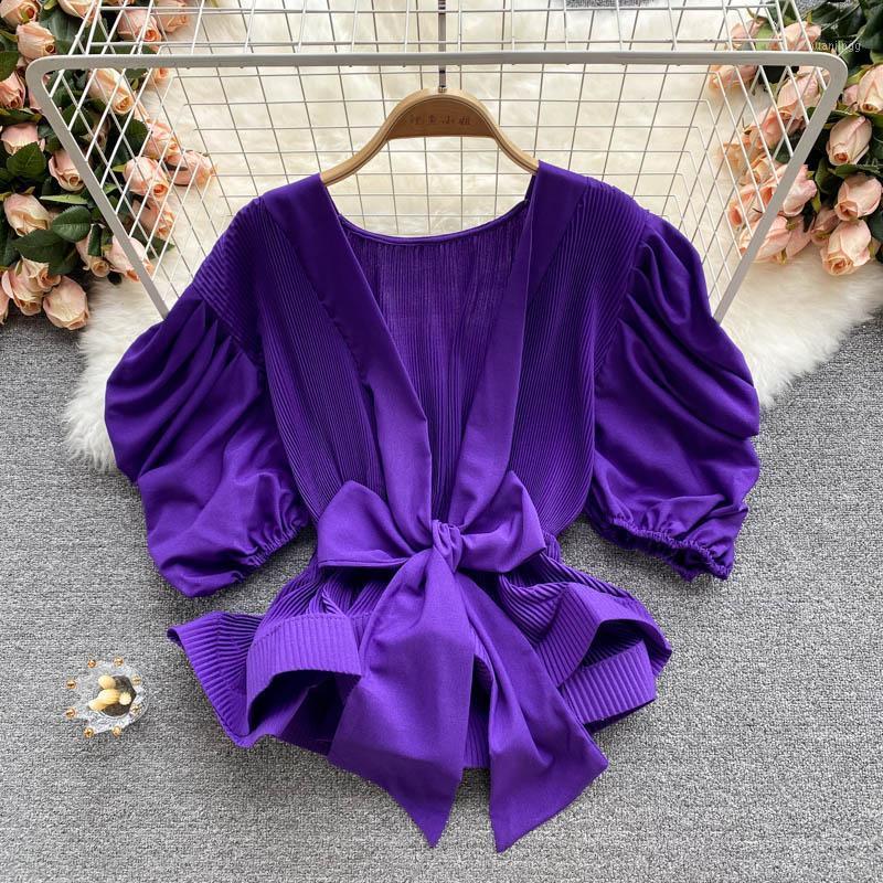 Women's Blouses & Shirts Sexy Deep V-Neck Pleated Blouse Women Purple/Black/White Draped Tops Female Casual Bandage Short Shirt Summer 2022
Women's Blouses & Shirts Sexy Deep V-Neck Pleated Blouse Women Purple/Black/White Draped Tops Female Casual Bandage Short Shirt Summer 2022