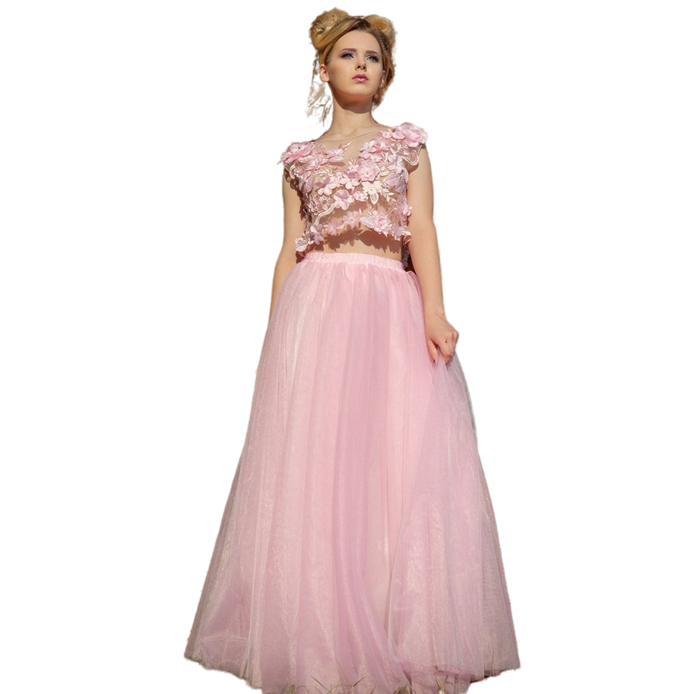 2024 Two Pieces Pink 3D Floral Appliques Prom Dresses Illusion Top Scoop Neck Long Tulle Skirt Girls Birthday Special Occasion Party Evening Gowns