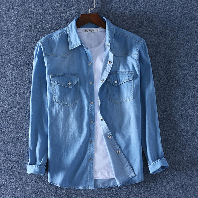 SHAN BAO Men's Slim Denim Shirt spring High Quality 100% Cotton Square Collar Pocket Button Fashion Long Sleeve 220322