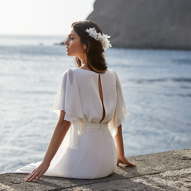 Elegant Boho Beach Wedding Dress Short Sleeve V-Neck Open Back Long Bohemian Bridal Gowns 2022 A Line Bride Wedding Dresses Robes De Mariee