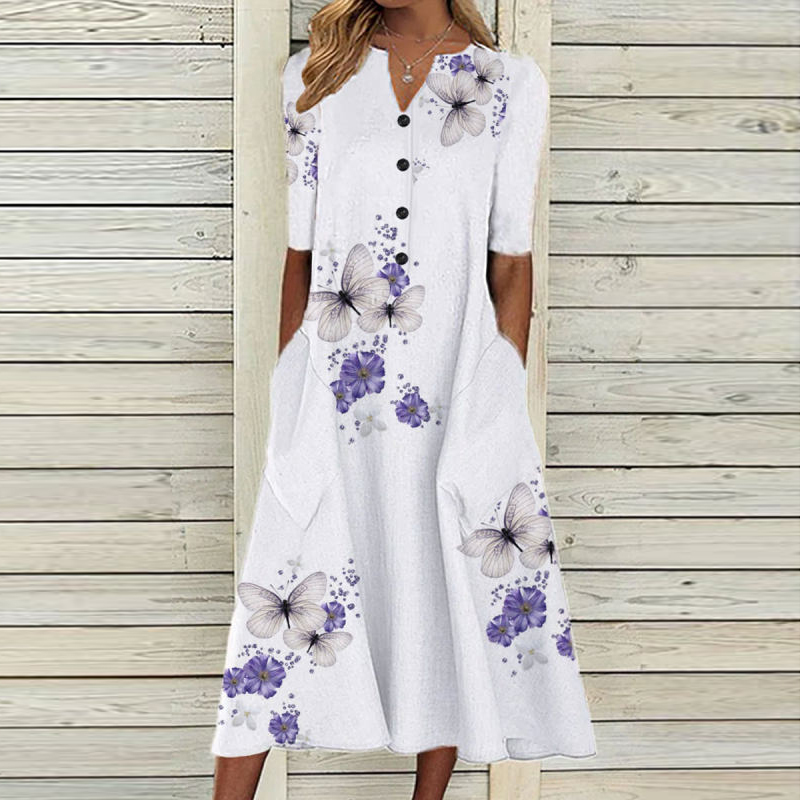 Elegant Women V Neck Short Sleeve Button Party Dres Summer Vintage Print Dress Casual Loose Flower Ladies Dresses D220611
