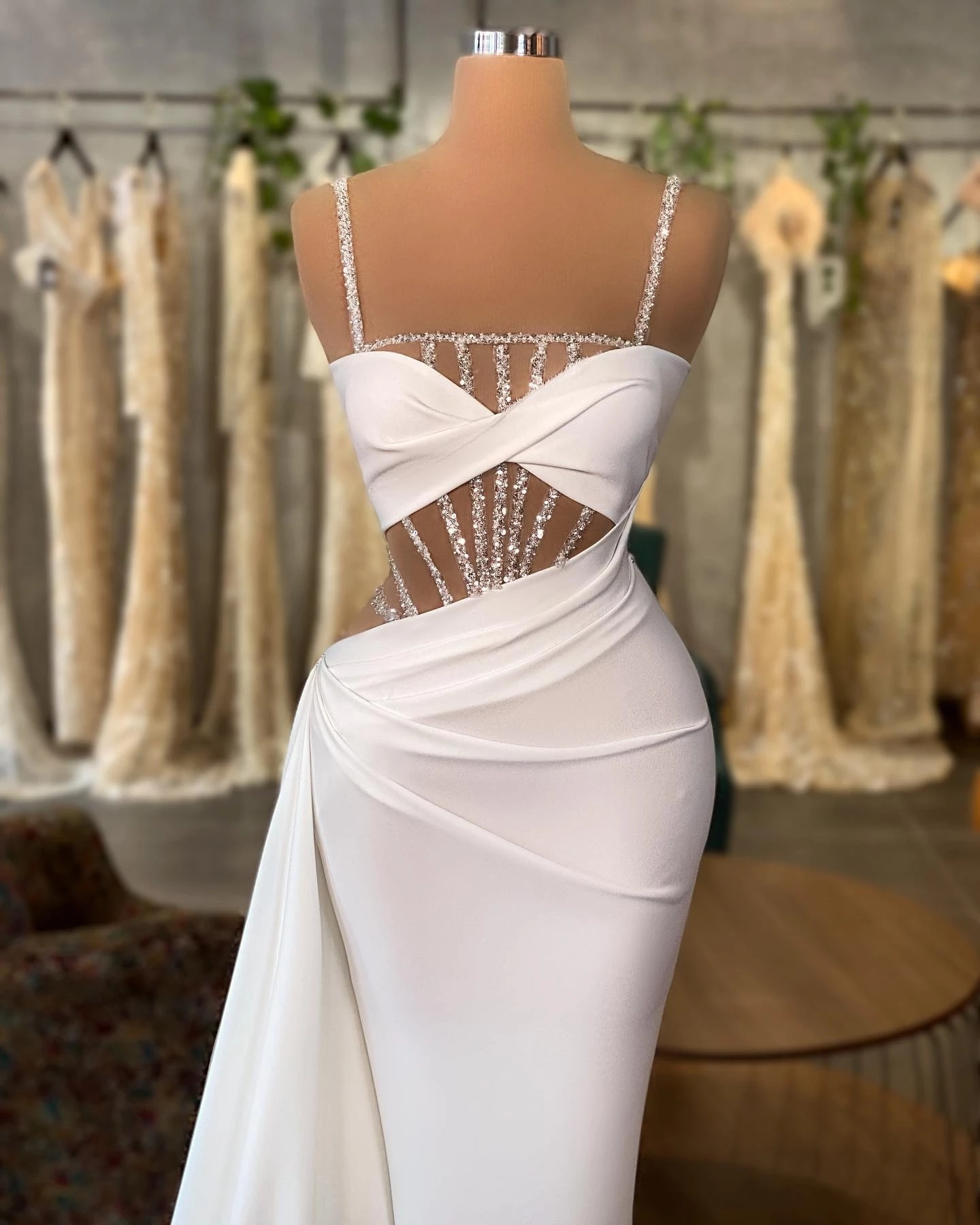 Mermaid Prom : Sexy White Satin Gown, Spaghetti Strap, Beaded Illusion, Sweep Train, Formal Evening Dress