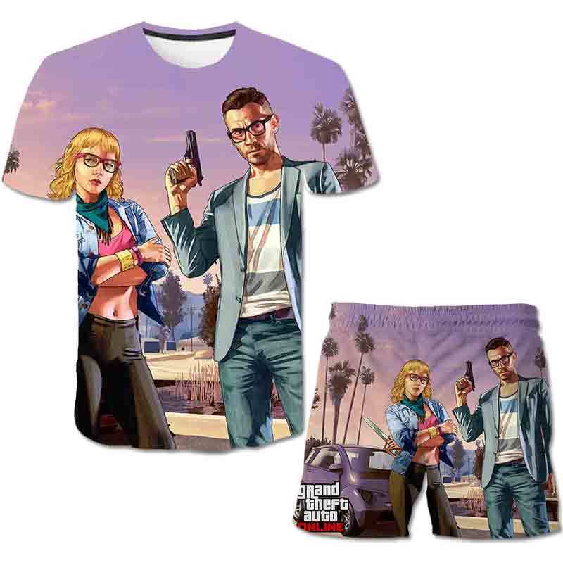 Summer 3D Grand Theft Aut Print T Shirt suit kids 2pcs Kids Cartoon Clothes Casual Comfortable gta print 220714