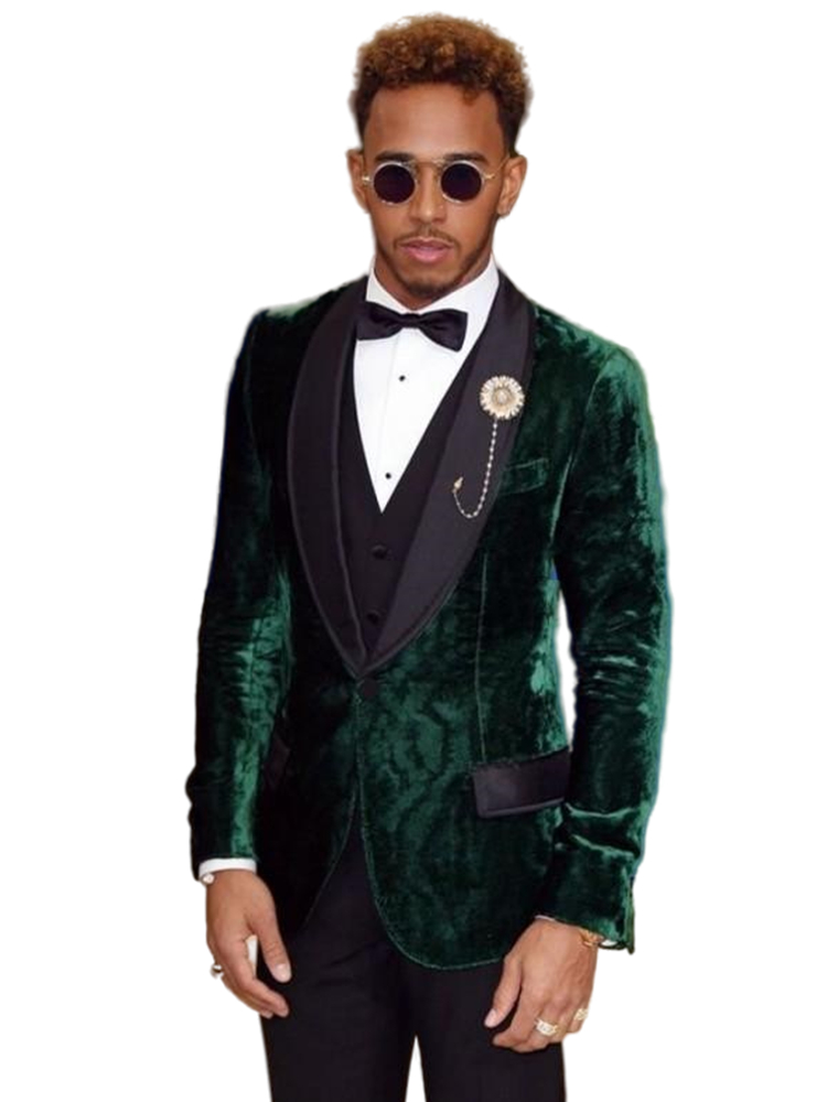 Fashion Dark Green Velvet Mens Suits Groom Wedding Tuxedos With Black Shawl Lapel Slim Fit Man Prom Party Blazer One Button Male Formal Wear Handsome 