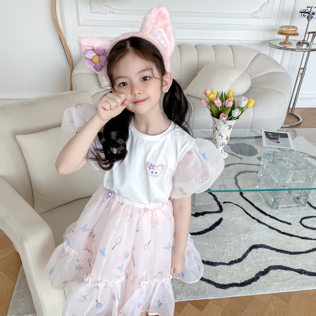 Childrens Party Clothes Girls Cotton T-Shirt Lace Skirt Set - Cute Pink Outfit for Kids y250607FNMD