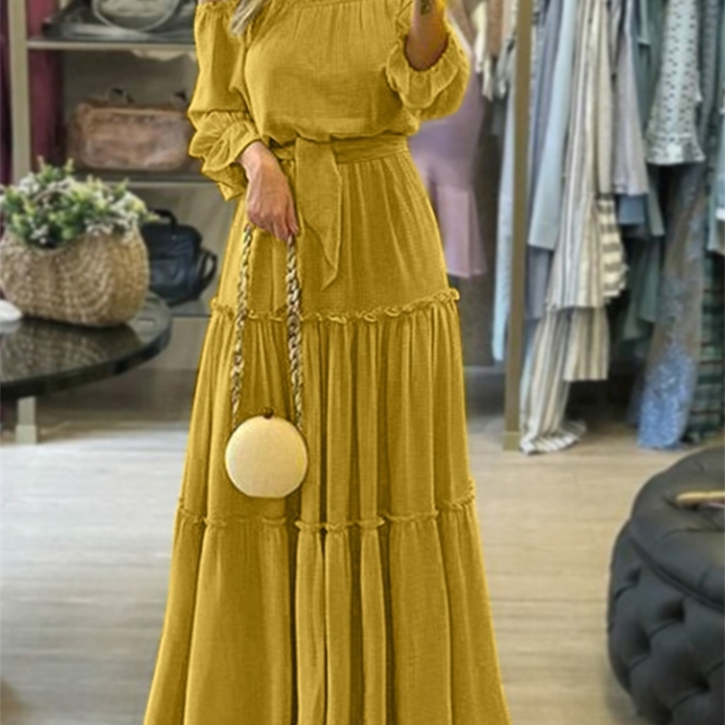 ZANZEA Elegant Off Shoulder Women Dress Autumn Belted Ruffle Maxi Vestidos Casual Puff Sleeve Solid Beach Robe 7 220613, C yellow
ZANZEA Elegant Off Shoulder Women Dress Autumn Belted Ruffle Maxi Vestidos Casual Puff Sleeve Solid Beach Robe 7 220613, C yellow