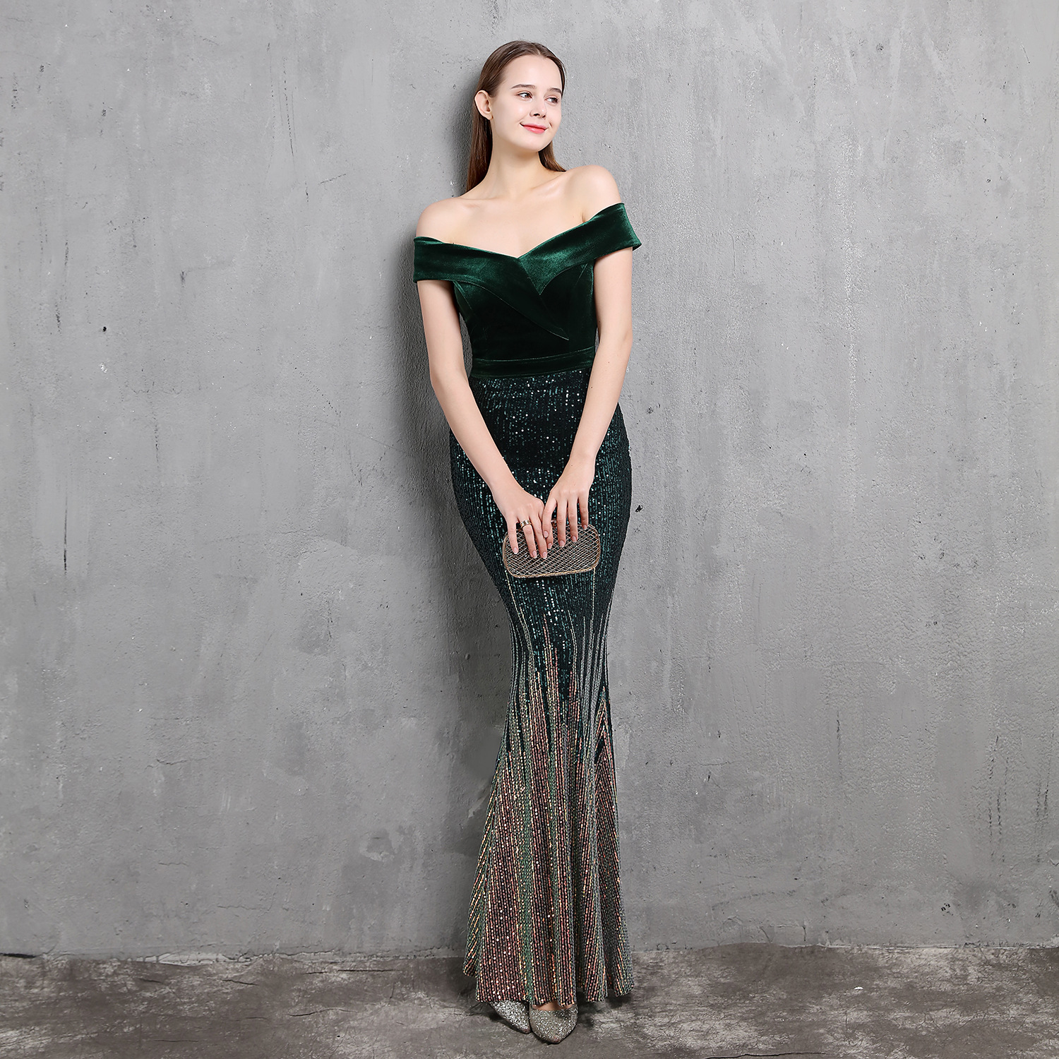 Elegant Mermaid Velvet Evening Dress 2022 Off The Shoulder Colorful Sequin Long Prom Dresses Plus Size Formal Sparkly Women Party Gown Vestidos De Fie