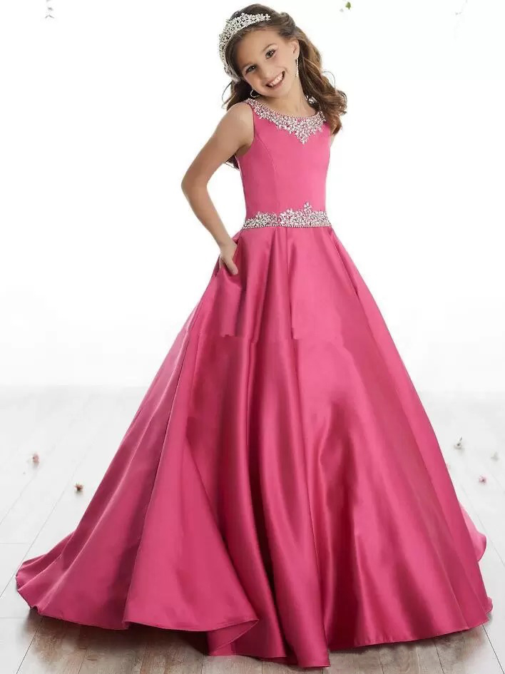 Crystal Satin Girls Pageant Dresses Beads Crew Neck Little Flower Girls Dresses Lace Up Back Teen Kids Formal Birthday Party Graduation Gown