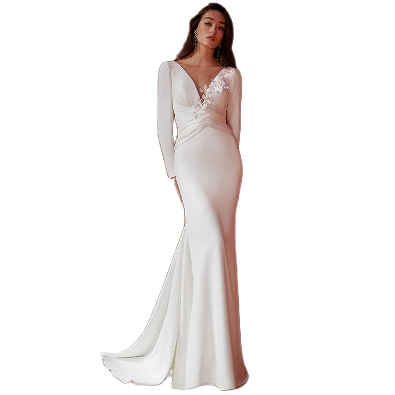 Simple V Neck Mermaid Wedding Dresses Long Sleeve Satin Bridal Gowns Custom Made Floral Applique Dress Vestido De Novia