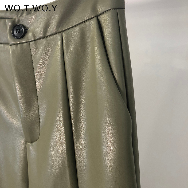 WOTWOY Elegant Spliced PU Leather Pant High Waist Office Lady Fomal Trousers Female Black Straight with Pockets 220325