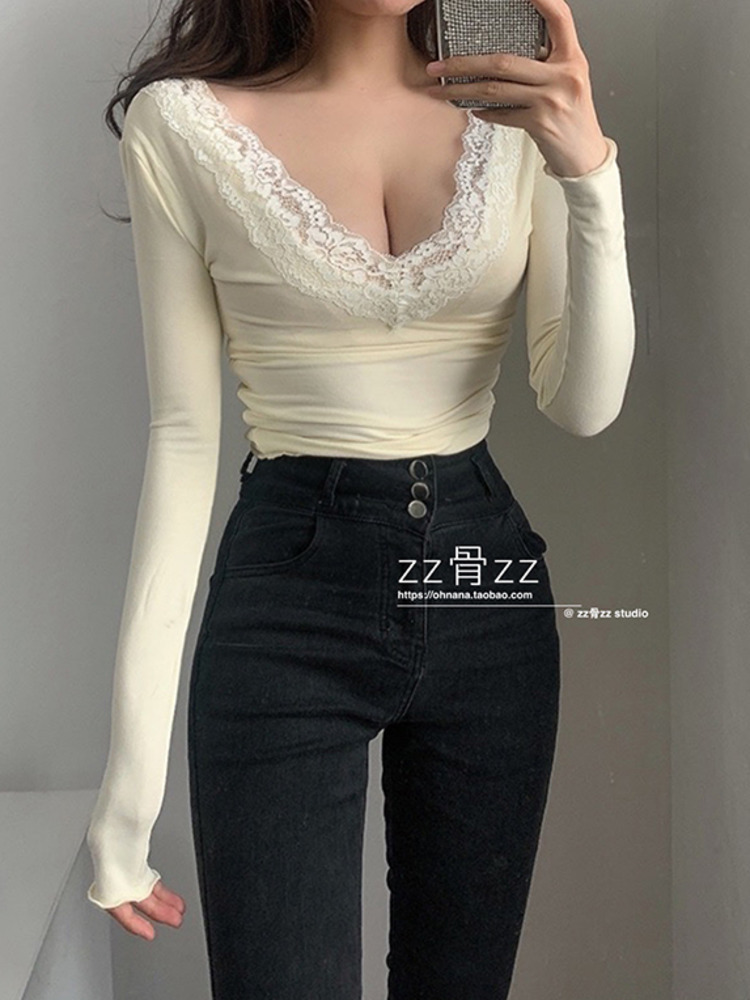 WOMENGAGA V Neck Big Size Lace Patchwork Korean Sweet Knitting autumn Base Long Sleeve sexy T Shirt Tees winter Flowers E7YU 220328