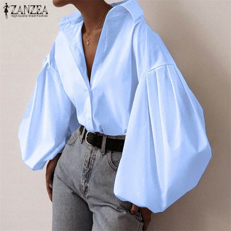 Stylish Puff Sleeve Shirts Women's Spring Blouse 2020 ZANZEA Casual Button Down Blusas Female Solid Tops Oversized Tunic 3XL T200801