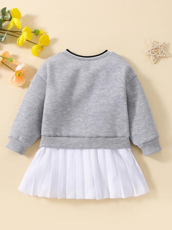 Baby Letter Graphic Colorblock Pleated Hem Sweatshirt Dress SHE