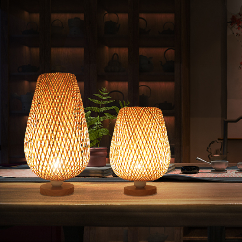 Vintage Bamboo handicraft Table Lamps Handmade bedroom bedside desk lights living room decor warm bamboo wood lamp